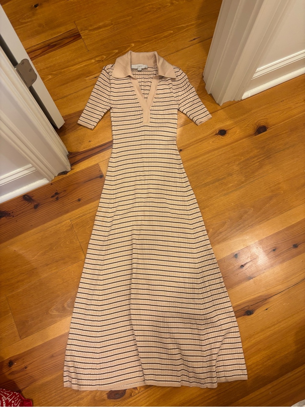 LOFT Beige Striped Knit Polo Maxi Dress